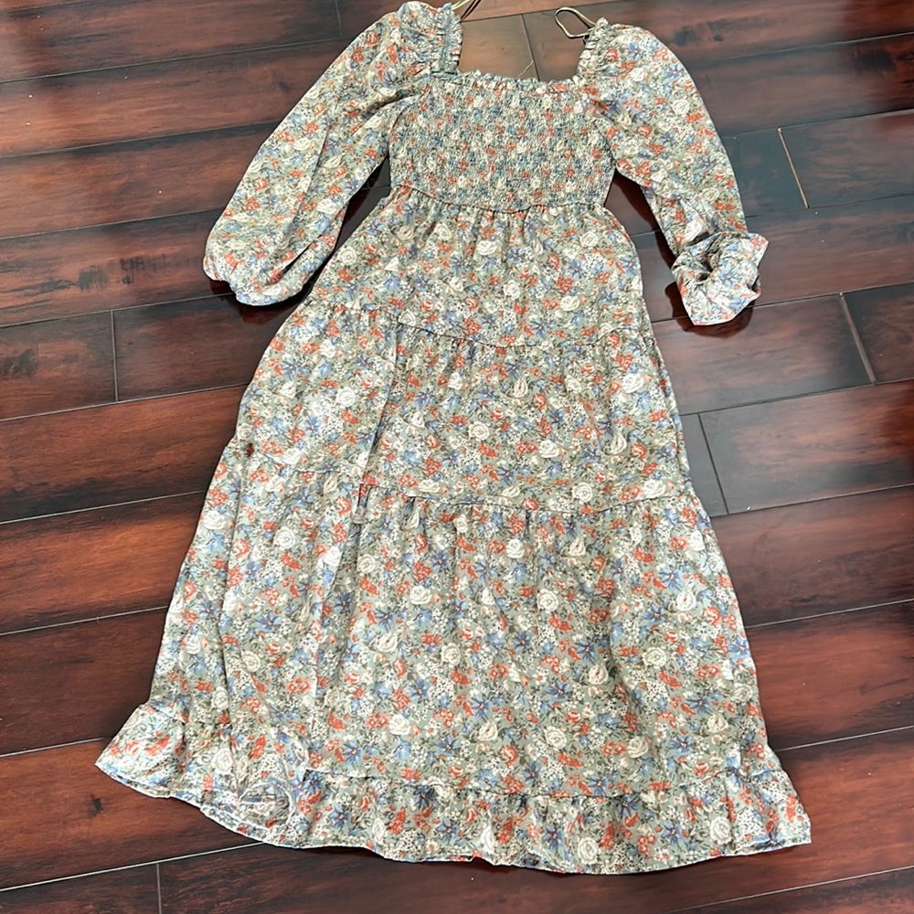 Smocked floral midi dress